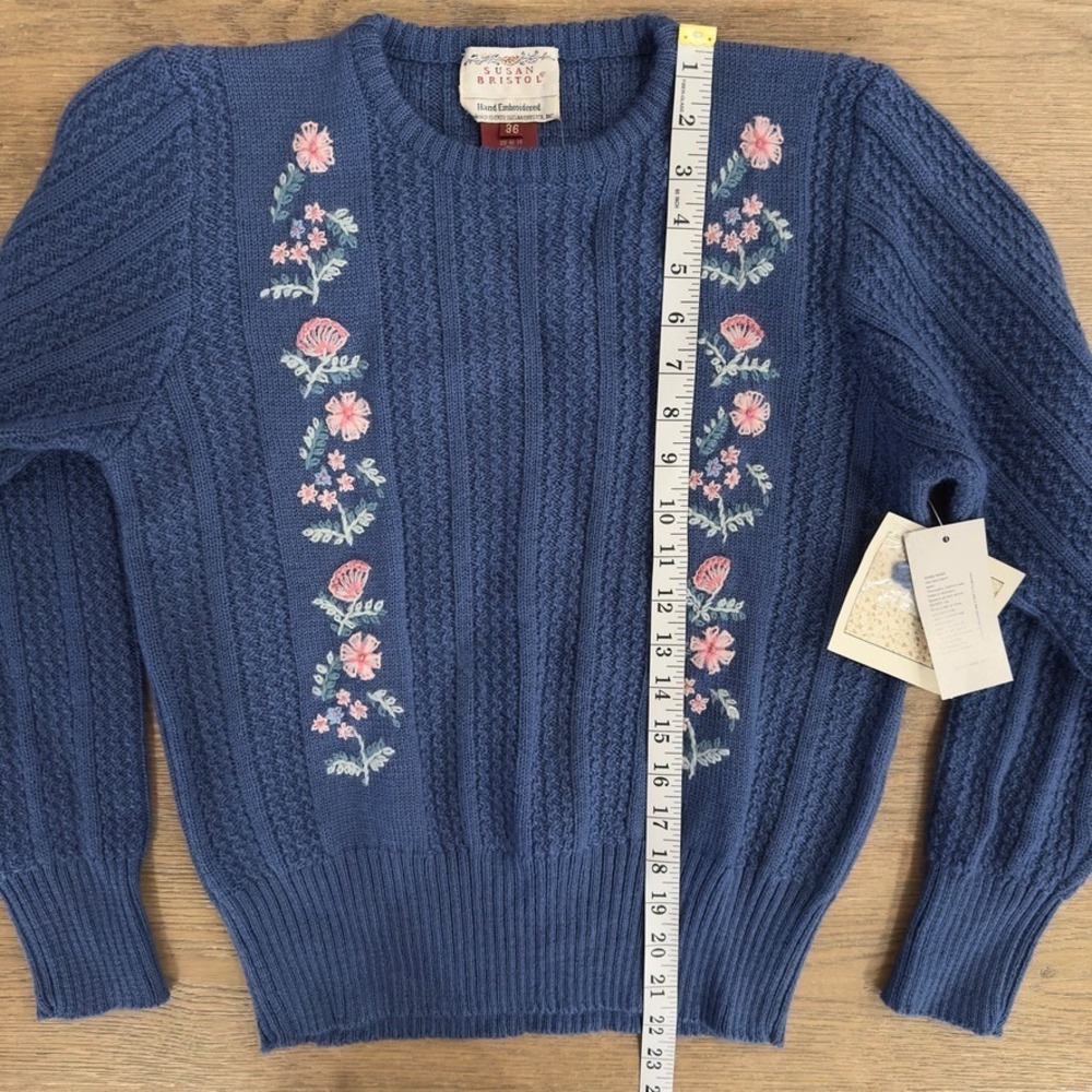 VTG Susan Bristol 100% Wool Crew Neck Sweater-Hand Embroidered Floral-Sz 36(4-6) - Picture 9 of 15